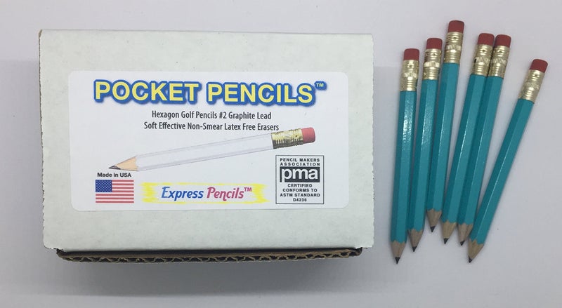 Express Pencils Half Pencils with Eraser - Golf, Pew, Short Mini Non Toxic - Hexagon, Sharpened, #2 Pencil, (Color - Light Turquoise), (Box of 72) half gross Golf Pocket Pencils - Image 5